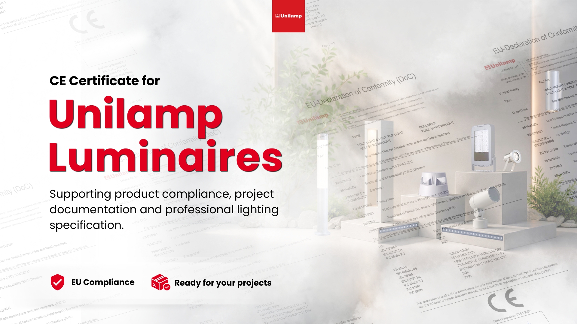 CE certificate for Unilamp luminaires with EU compliance and project-ready lighting documentation