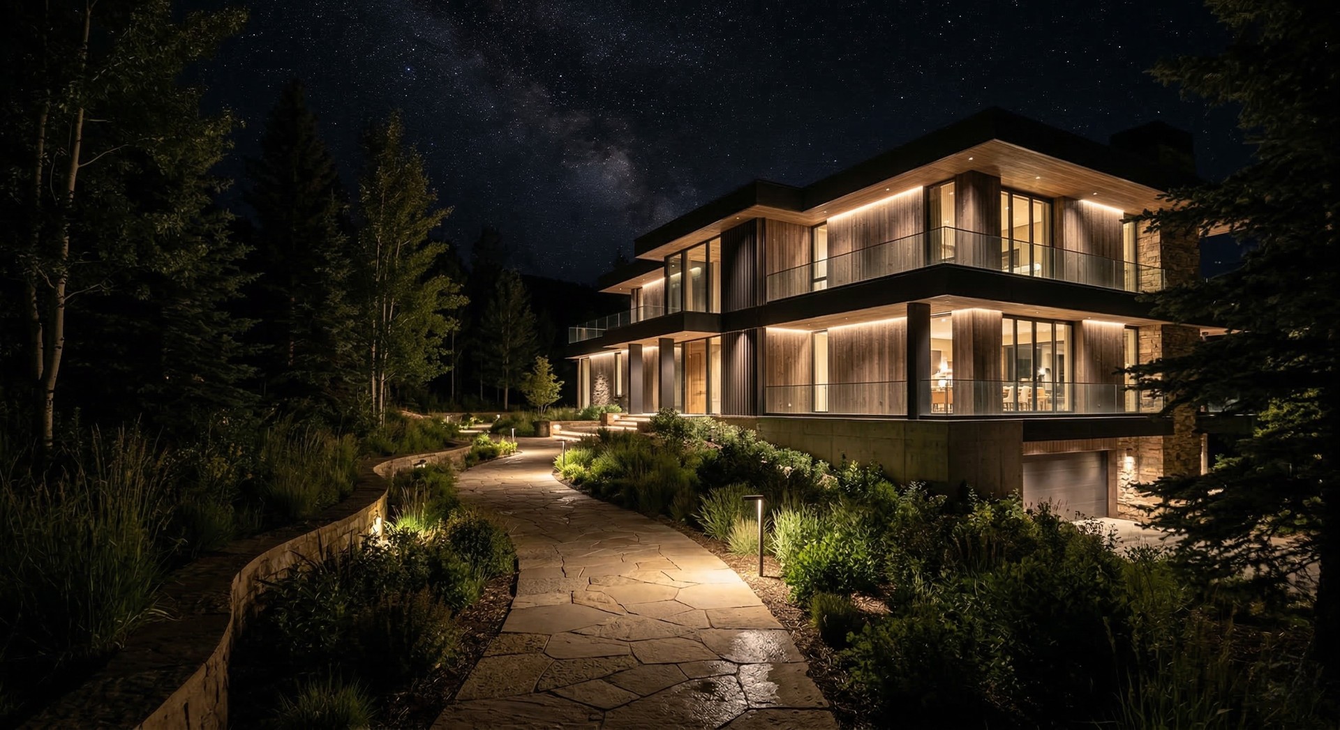 well-designed outdoor lighting for modern house landscape pathway at night