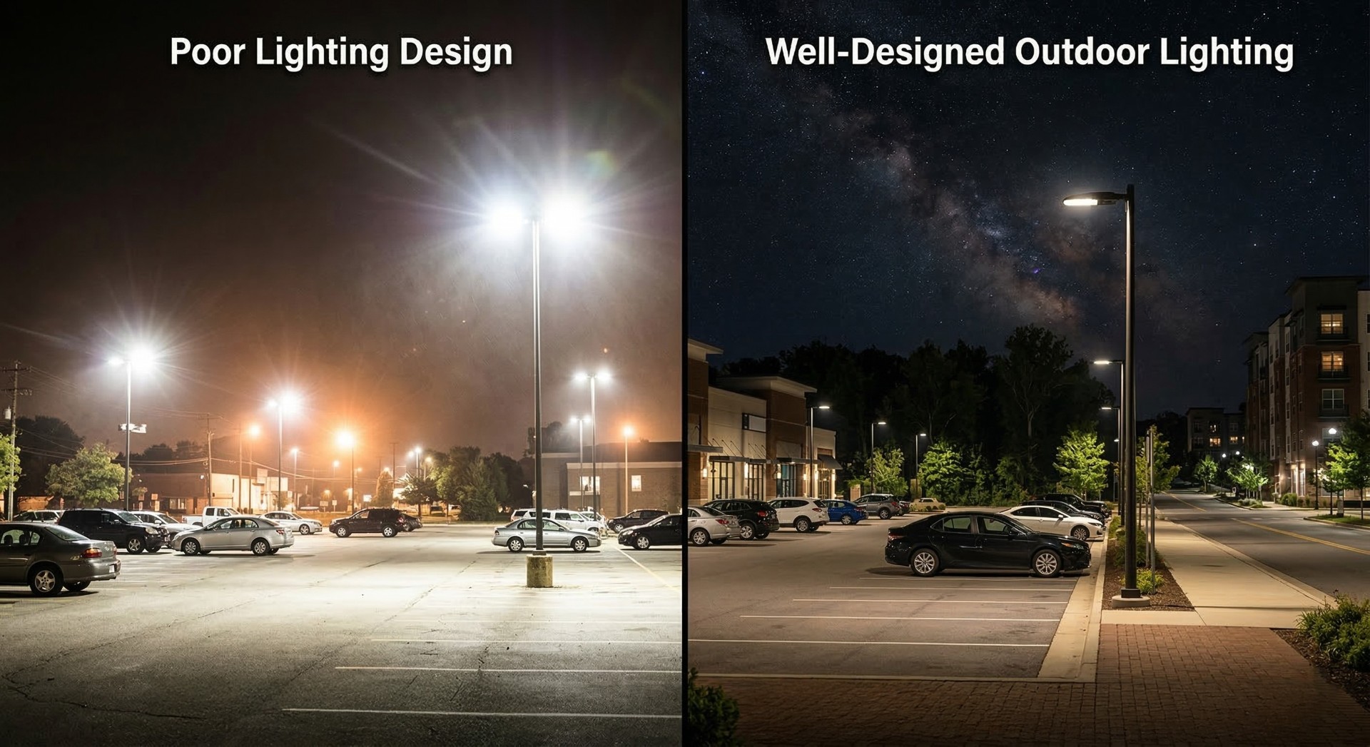 poor vs well-designed outdoor lighting comparison parking lot glare control