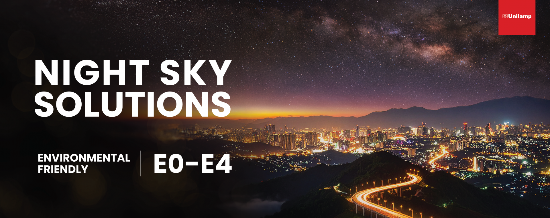 Night Sky Solutions lighting concept with cityscape and low-glare roadway illumination at night.