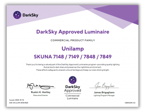 Unilamp DarkSky Approved Luminaire certificate for SKUNA 7148, 7149, 7848, 7849 commercial lighting series