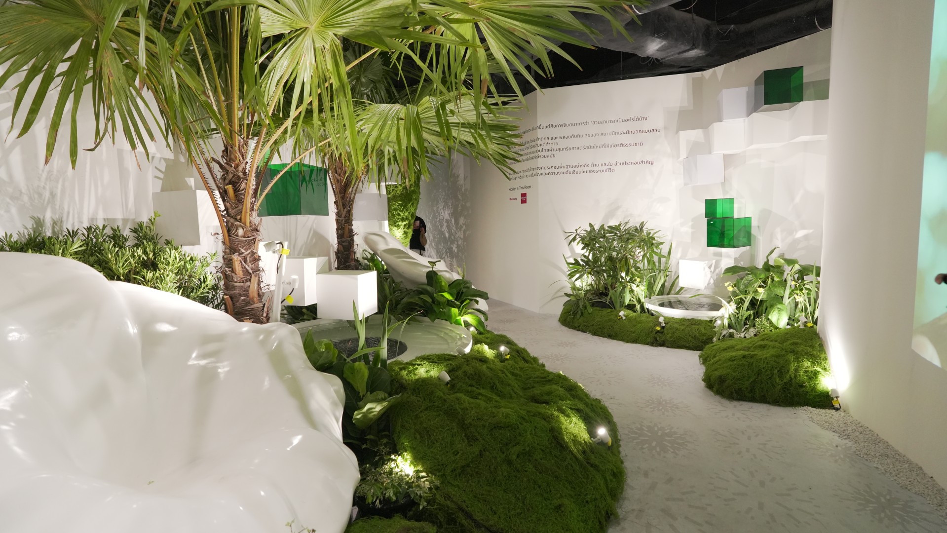 Indoor garden exhibition space with landscape lighting and moss pathways