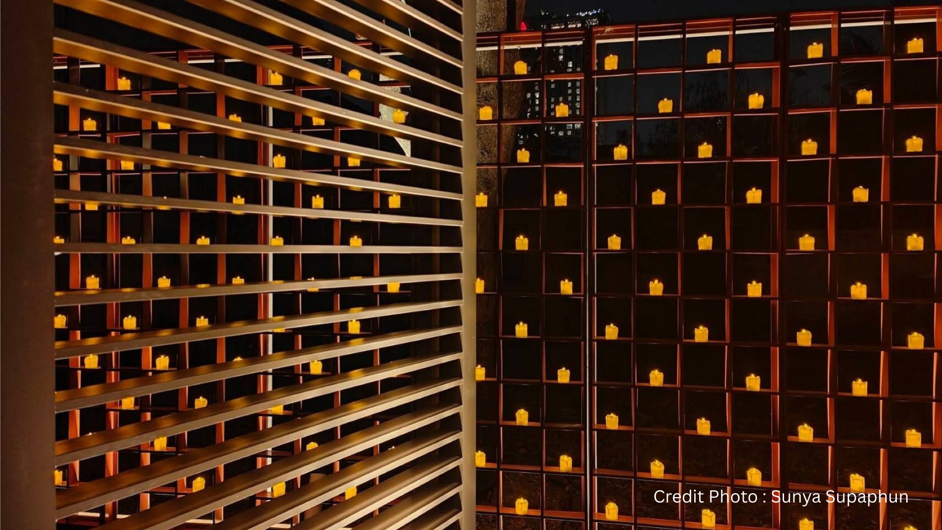 Architectural lighting installation with warm LED accents creating depth and rhythm at Bangkok Design Week.