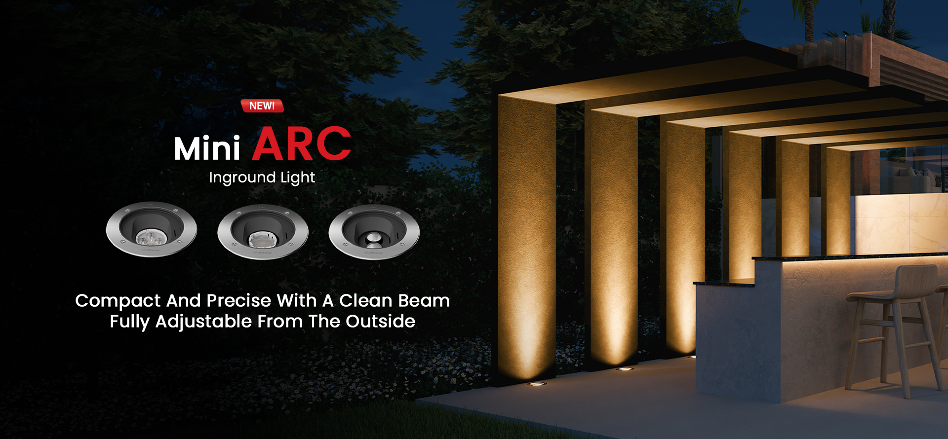 Mini ARC inground light illuminating outdoor columns with precise architectural uplighting