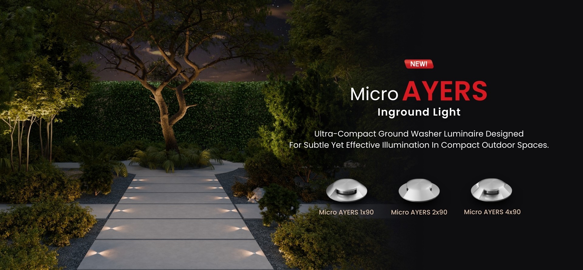 Micro AYERS stainless steel inground light illuminating outdoor pathway
