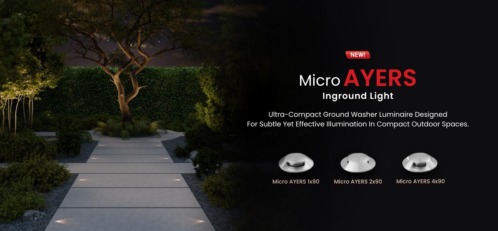 Micro AYERS stainless steel inground light illuminating outdoor pathway