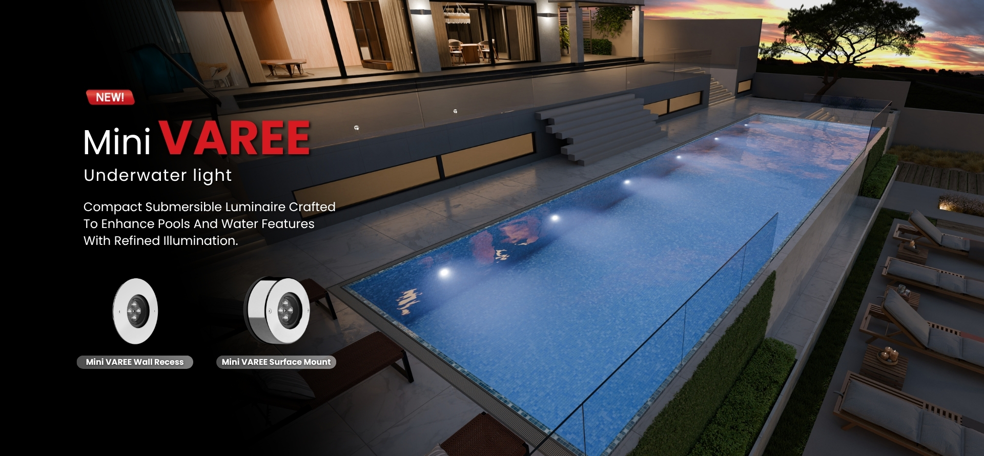 Luxury pool with Mini VAREE underwater LED lights illuminating modern villa exterior at night