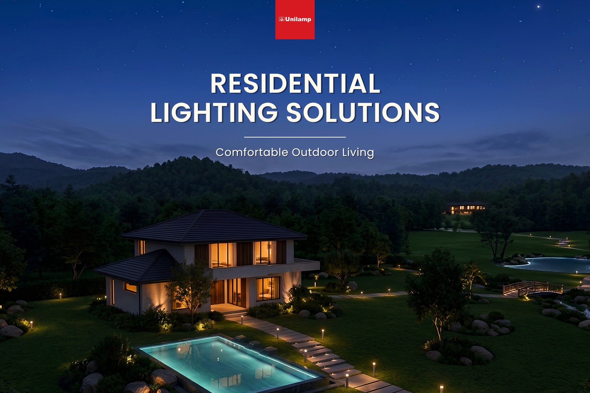 Residential outdoor lighting creates a comfortable nighttime atmosphere around a modern home, garden pathways, landscaped areas, and pool.