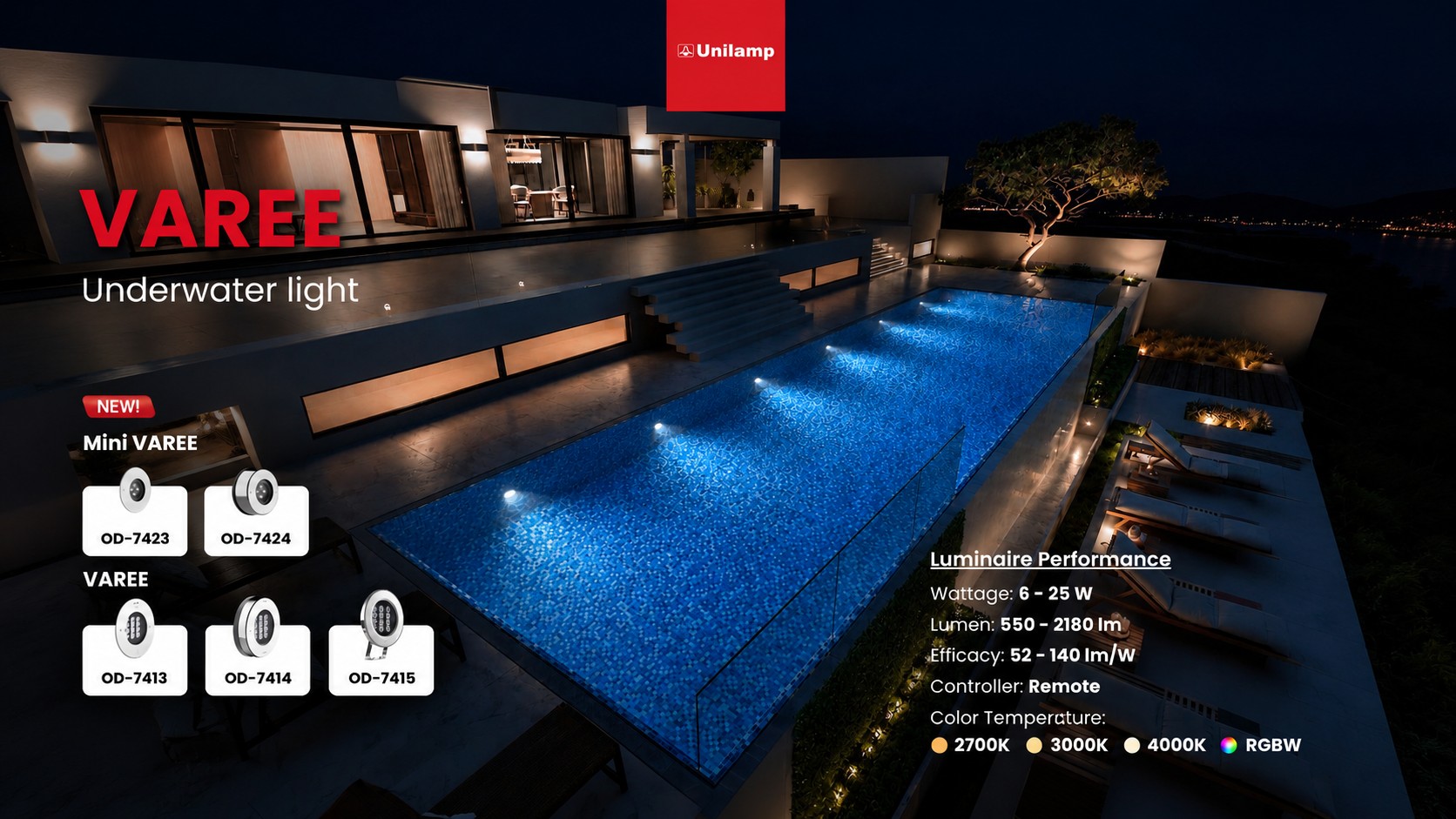 VAREE premium underwater pool light by Unilamp
