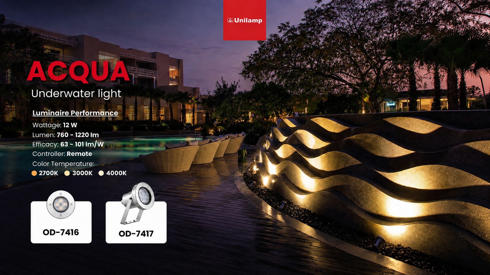 AQUA underwater lighting for modern landscape pools