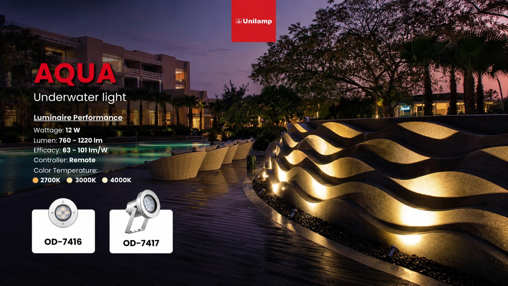 AQUA underwater lighting for modern landscape pools
