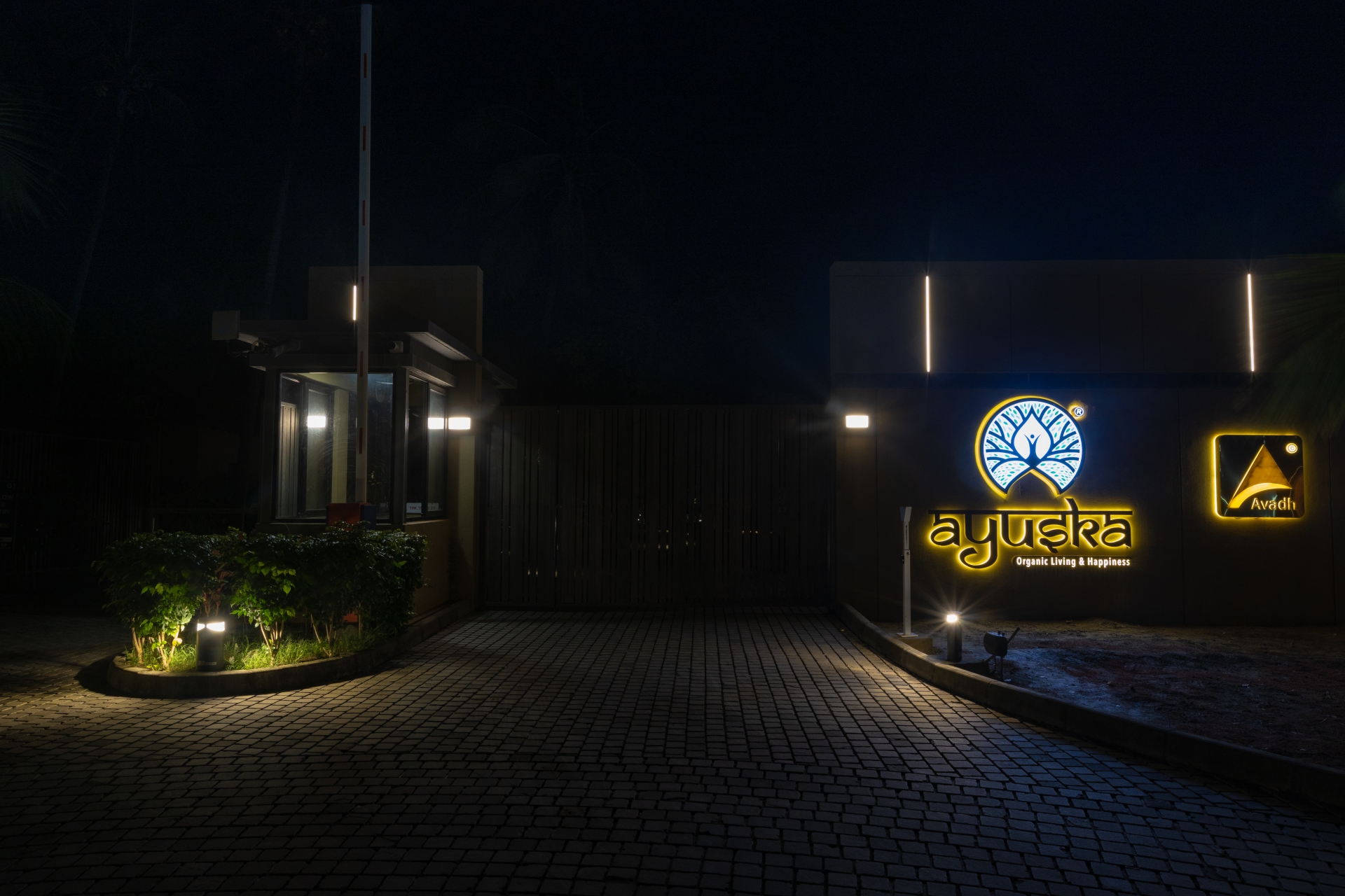 Entrance of Awadh Ayuska in Navsari illuminated with Unilamp outdoor luminaires for clear nighttime visibility