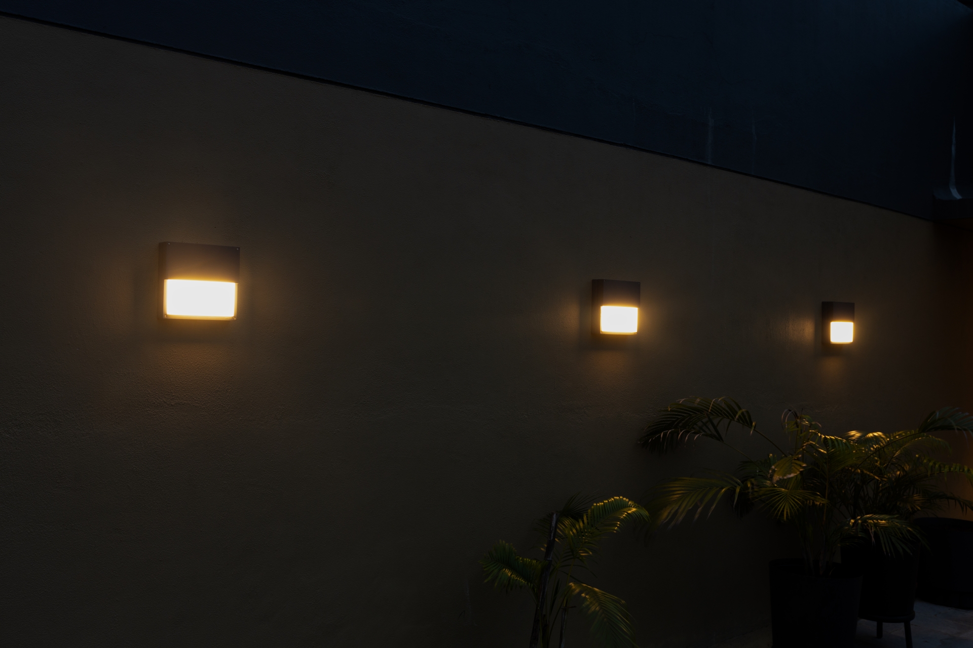 DRIFT wall luminaires illuminating an exterior wall at Awadh Ayuska in Navsari for soft nighttime lighting.