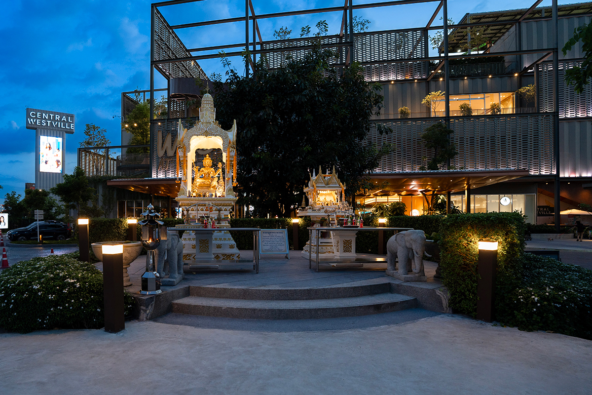 Illuminated shrine plaza with modern architectural lighting at night
