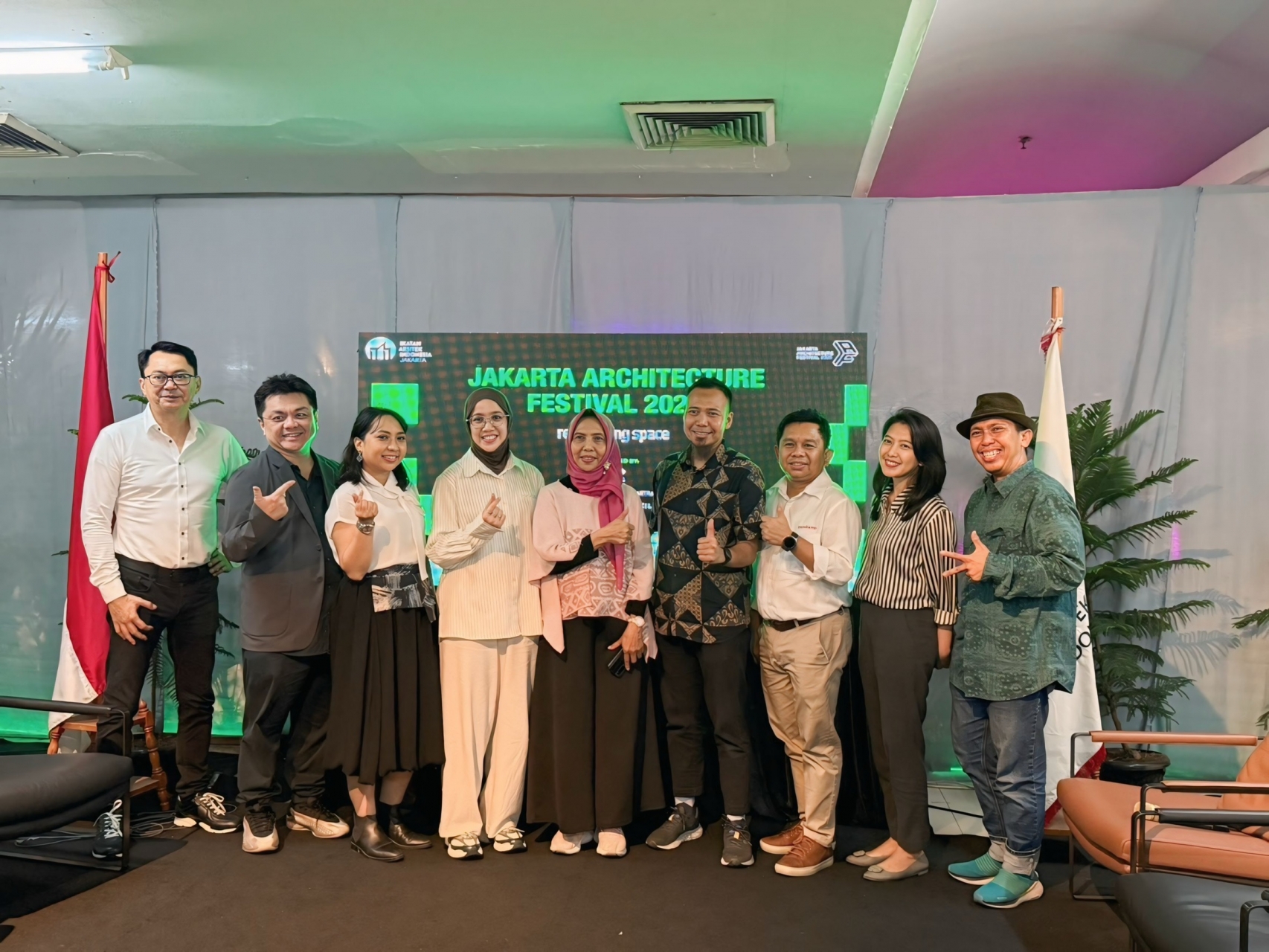 Group photo of speakers and participants at Jakarta Architecture Festival 2025 event.