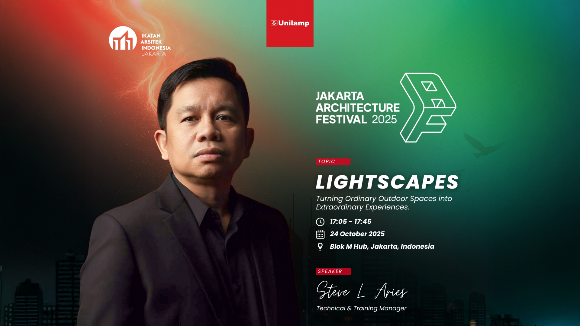 Unilamp speaker Steve L. Aries at Jakarta Architecture Festival 2025, topic Lightscapes.