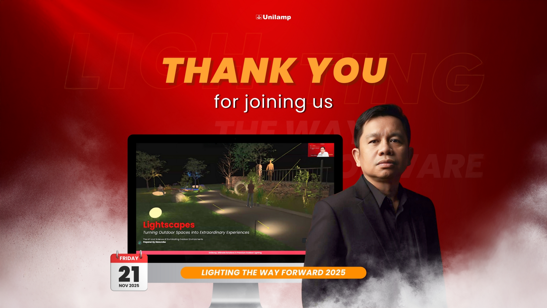 Unilamp Thank You banner for Lighting the Way Forward 2025 webinar featuring Lightscapes presentation and outdoor lighting design scene.