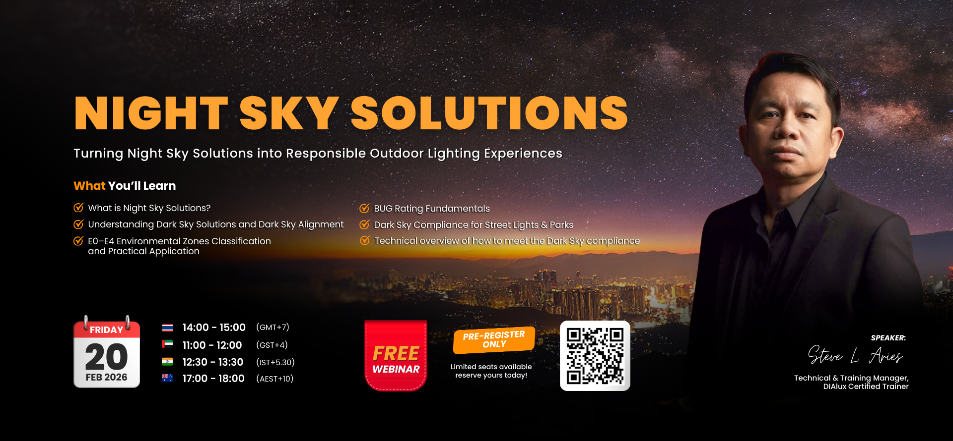 Night Sky Solutions webinar banner featuring outdoor lighting, dark sky compliance, BUG rating, and Unilamp solutions with speaker Steve L. Aries.