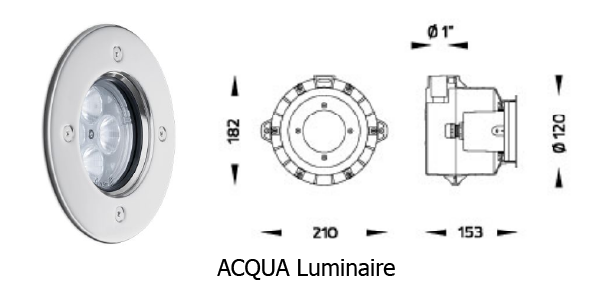 ACQUA underwater luminaire with stainless steel faceplate shown alongside technical drawing, including front and side views with dimensions for installation reference