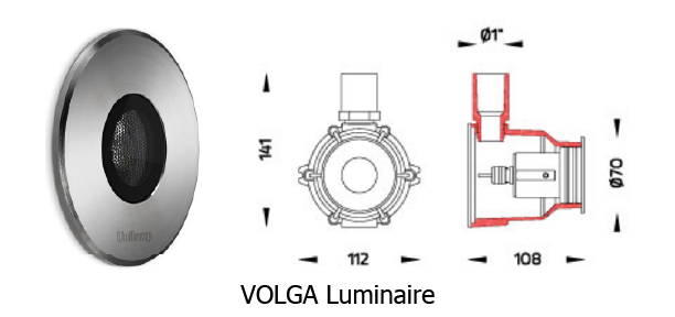 VOLGA underwater luminaire with sleek stainless steel finish shown beside technical drawing detailing front and side views, including dimensions for compact installation