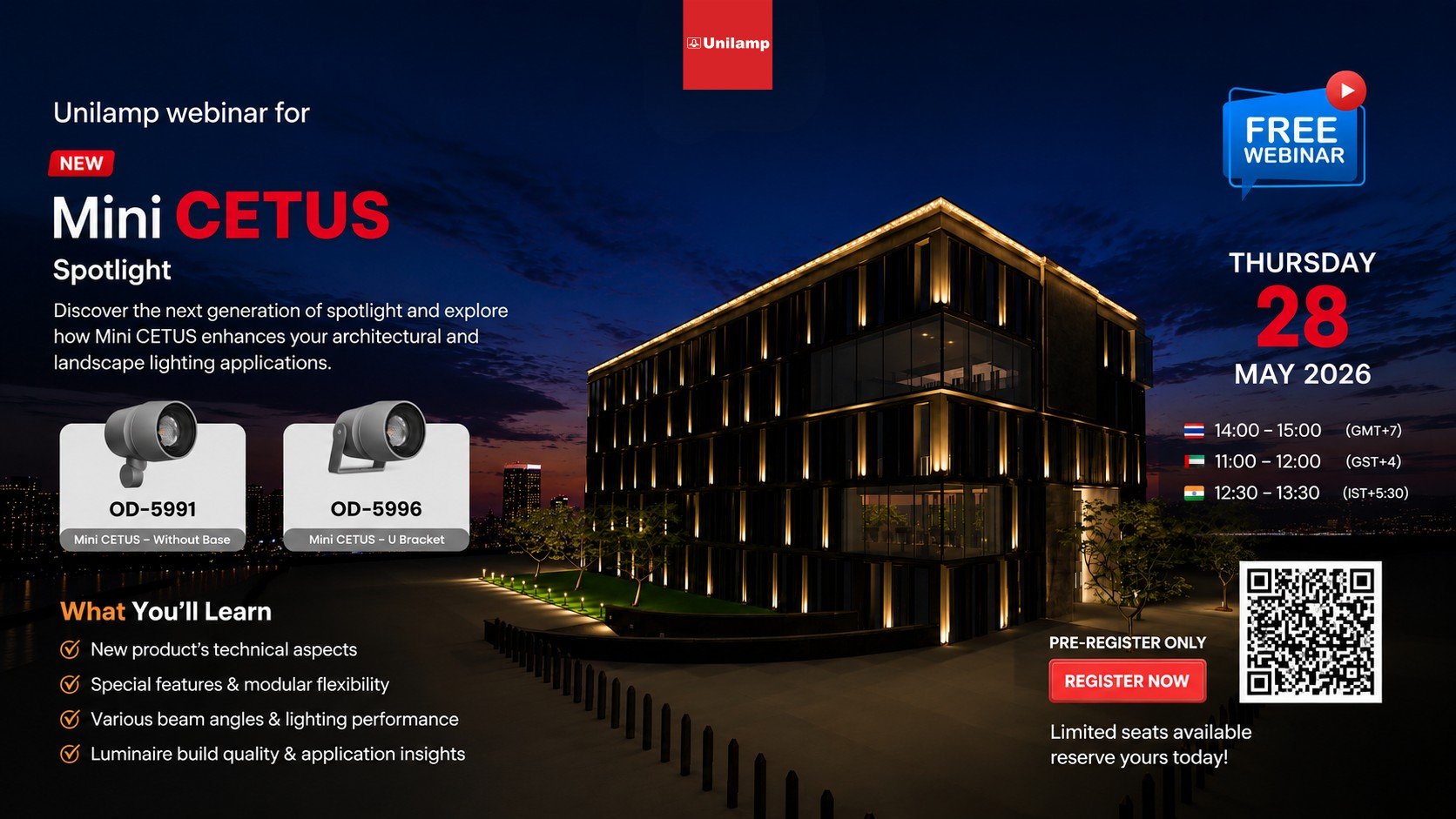 Mini CETUS spotlight webinar banner for architectural and landscape lighting by Unilamp.
