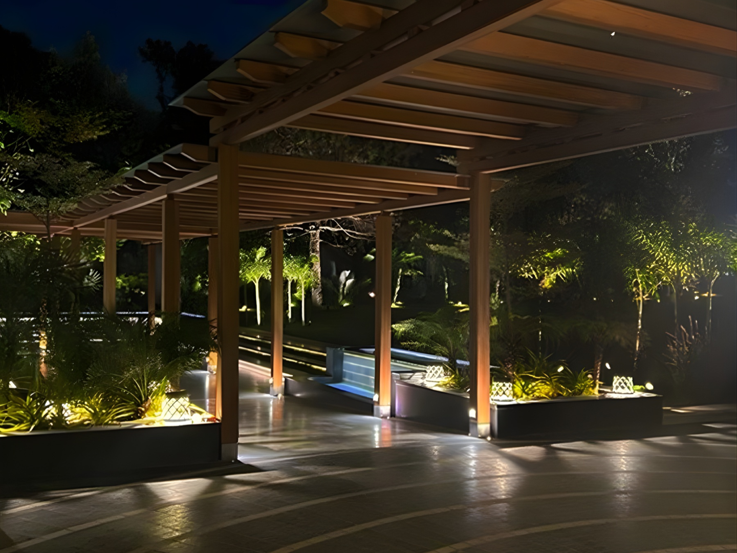 Modern pergola walkway illuminated with warm garden lighting at night